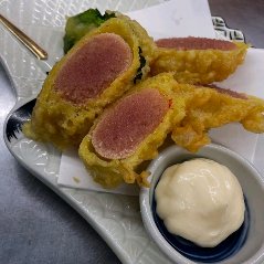マヨネーズや柚子胡椒を食べるのもあり。明太子の天ぷら。