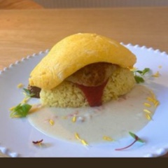 Omelette rice with hamburger steak and tender egg