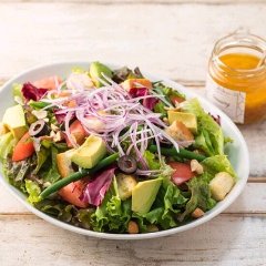 Salad with homemade croutons and nuts roasted in the restaurant
