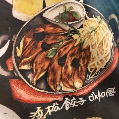 铁板上的 Hamamatsu 饺子，配豆芽和酱汁。