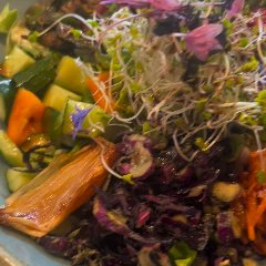 Rice salad bowl with fermented brown rice topped with various raw vegetables