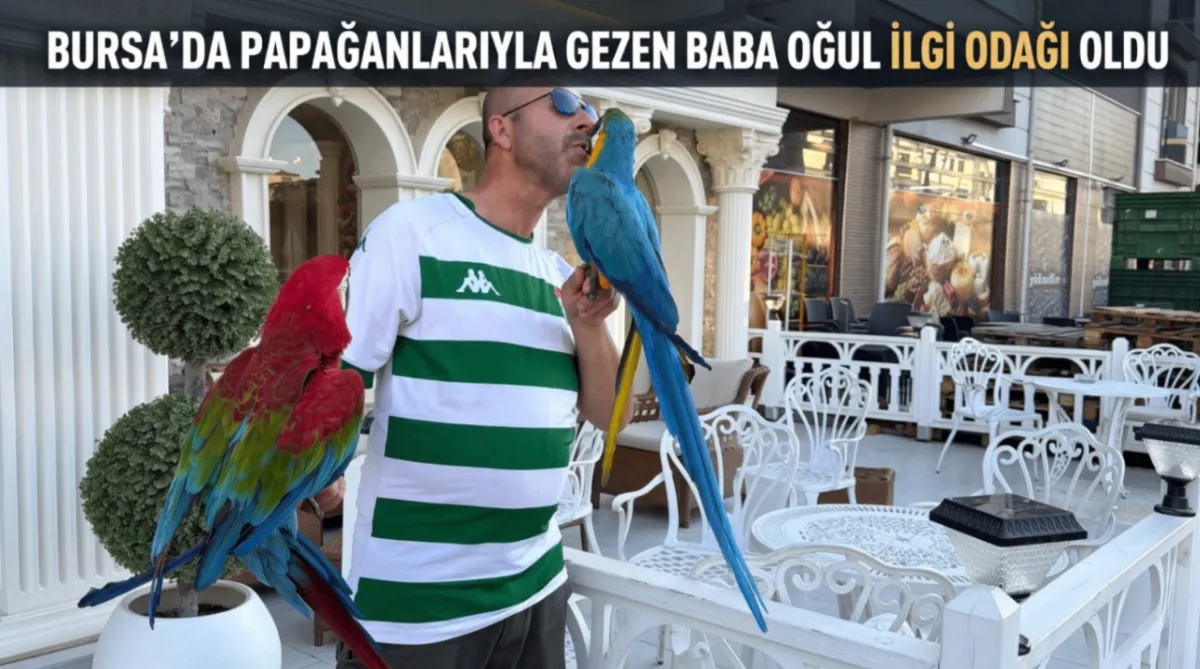 Bursa’da papağanlarıyla gezen baba oğul ilgi odağı oldu
