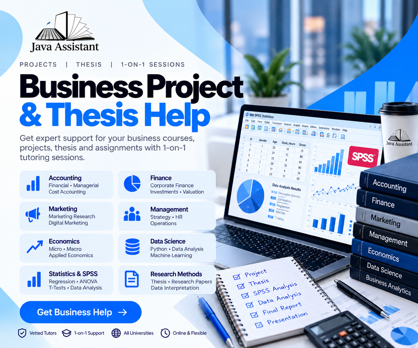 Business project thesis and tutoring support for accounting finance marketing and data science students