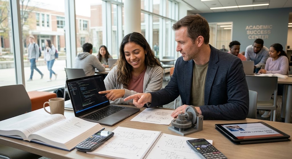University student receiving 1-on-1 project guidance and draft review from an expert academic tutor