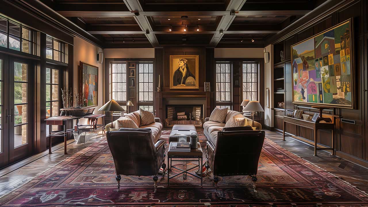 Luxurious living room with leather chairs, large paintings, wooden ceiling, and floor-to-ceiling windows.