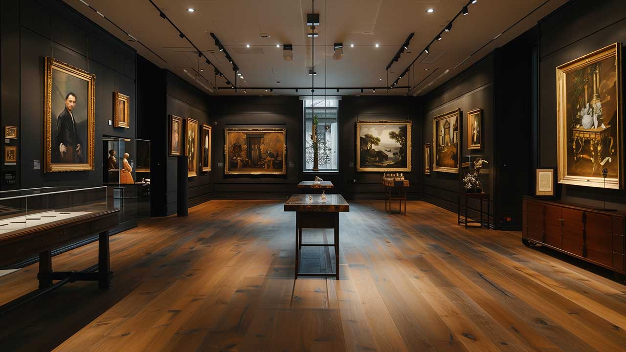 Gallery with framed paintings, wooden floor, display cases, overhead lighting, dark walls, central table.