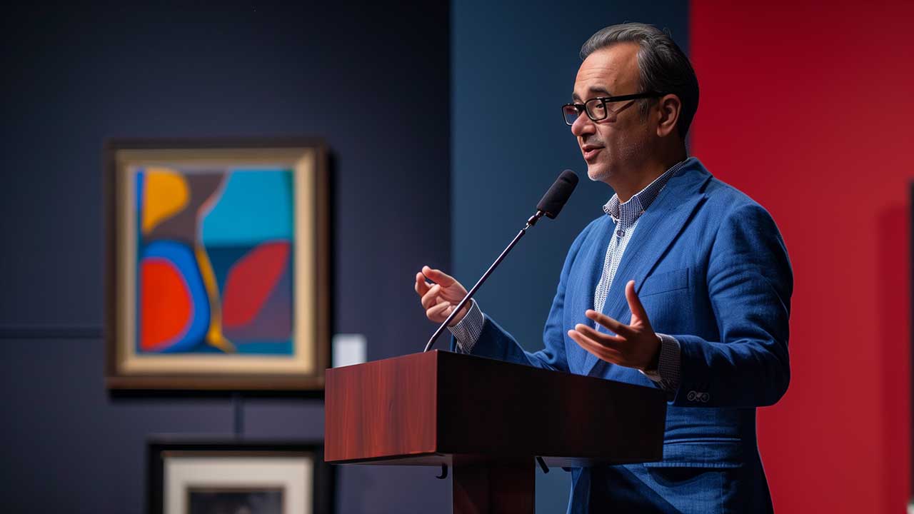 Man in blue suit speaking at podium with abstract art framed on wall.