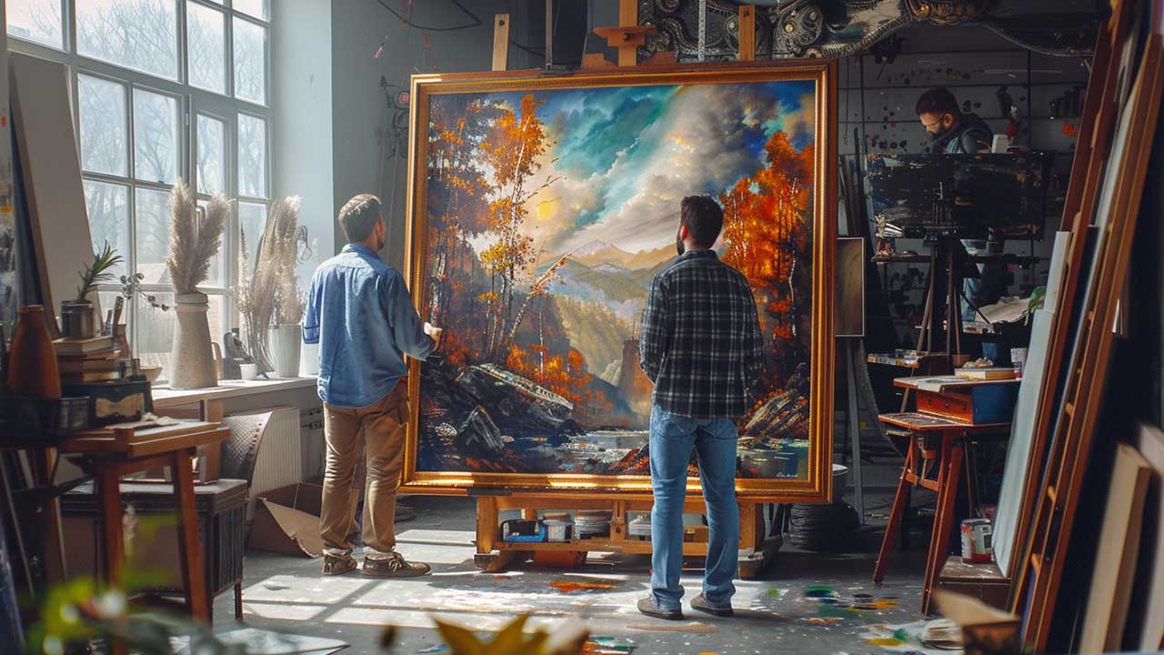 Two people in a studio observing a large framed landscape painting on an easel.