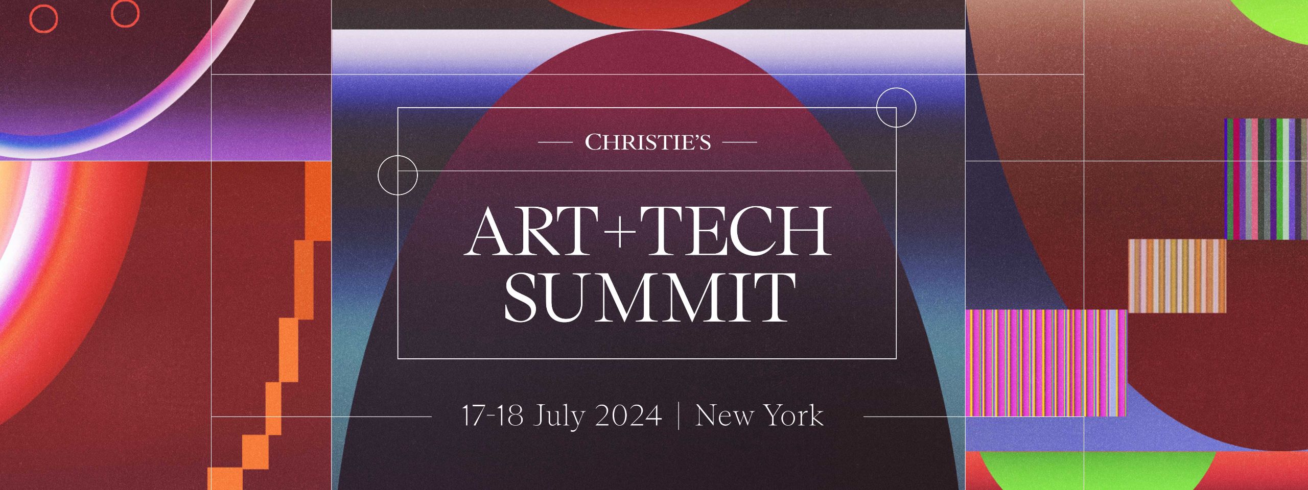 Abstract shapes, gradients, and text: "Christie's Art+Tech Summit, 17-18 July 2024, New York."