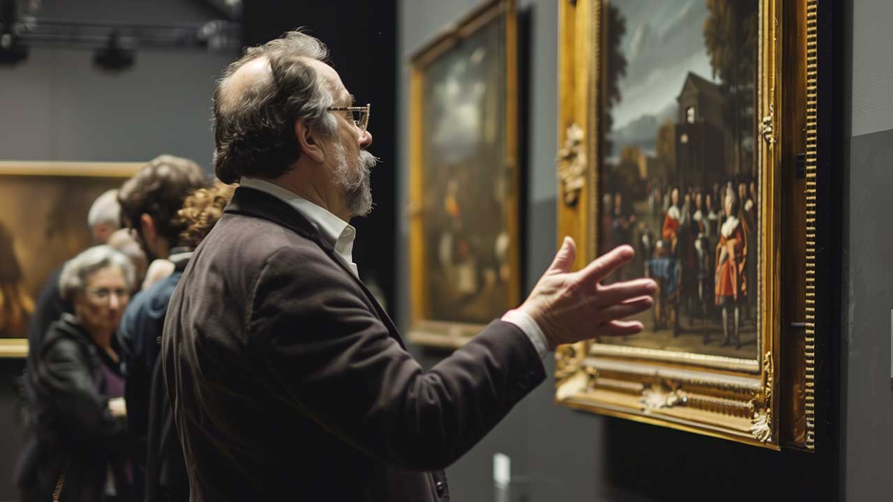 Man gesturing towards framed artworks on a gallery wall with people in the background.