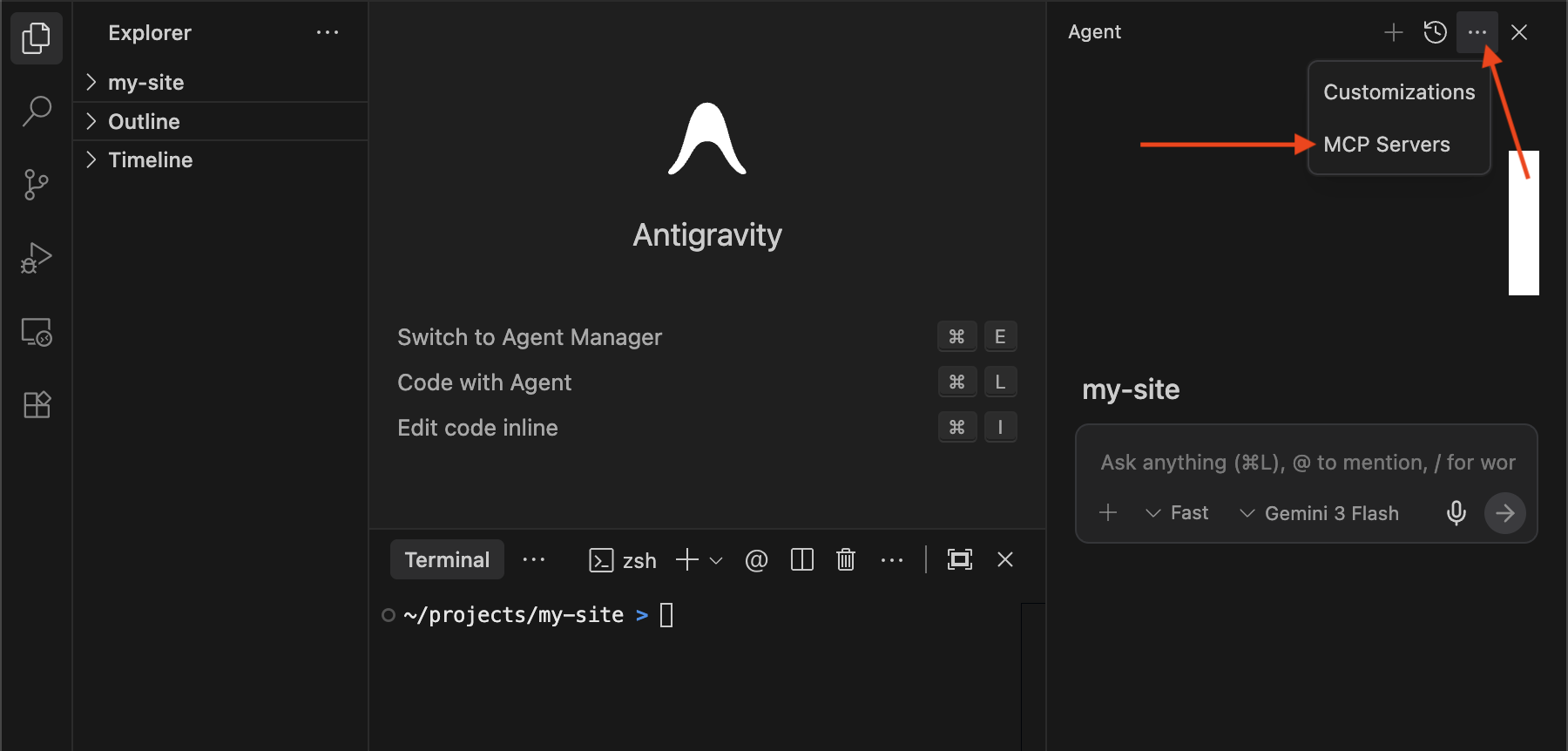 A screenshot of Antigravity showing a three-dot menu with an "MCP Servers" option