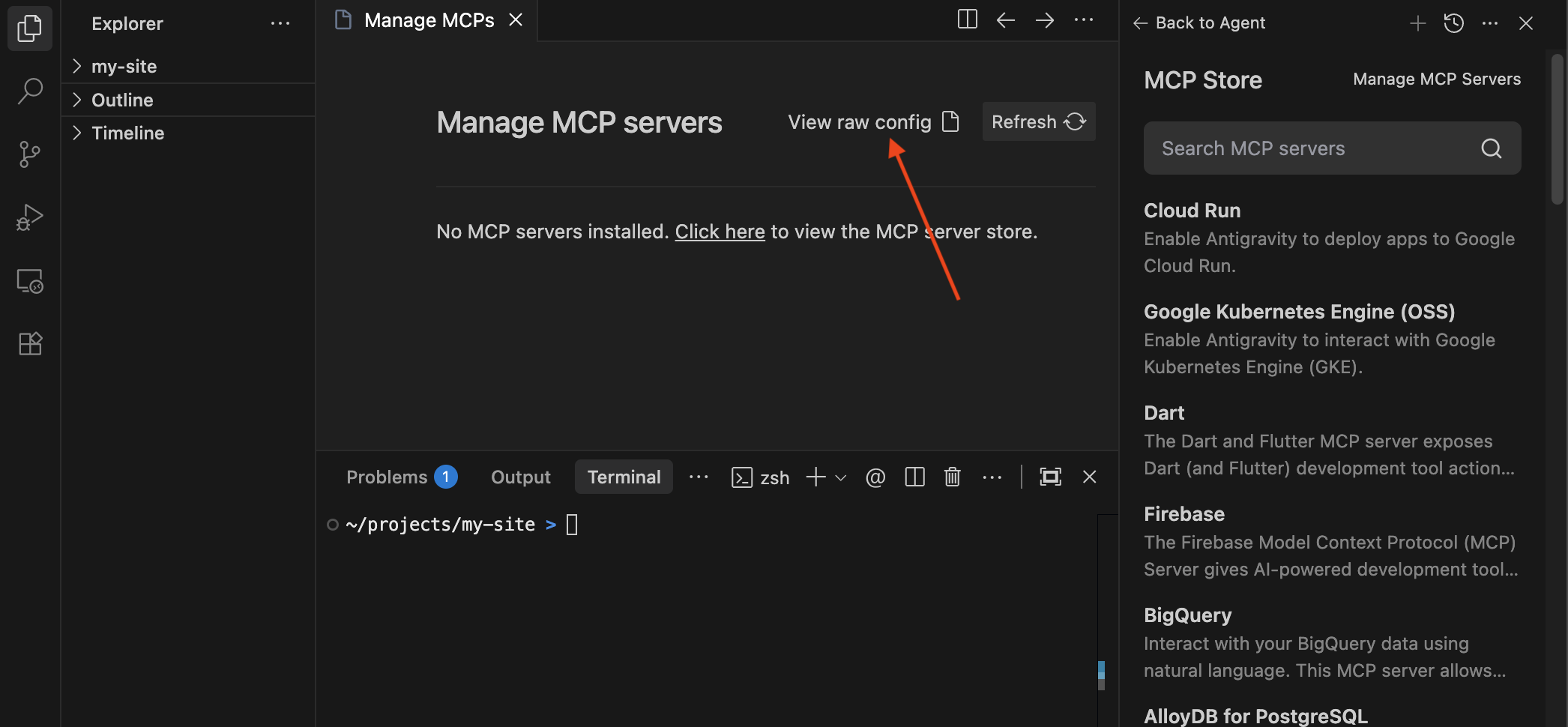 A screenshot of Antigravity's "Manage MCPs" tab with an arrow pointing at the "View raw config" button