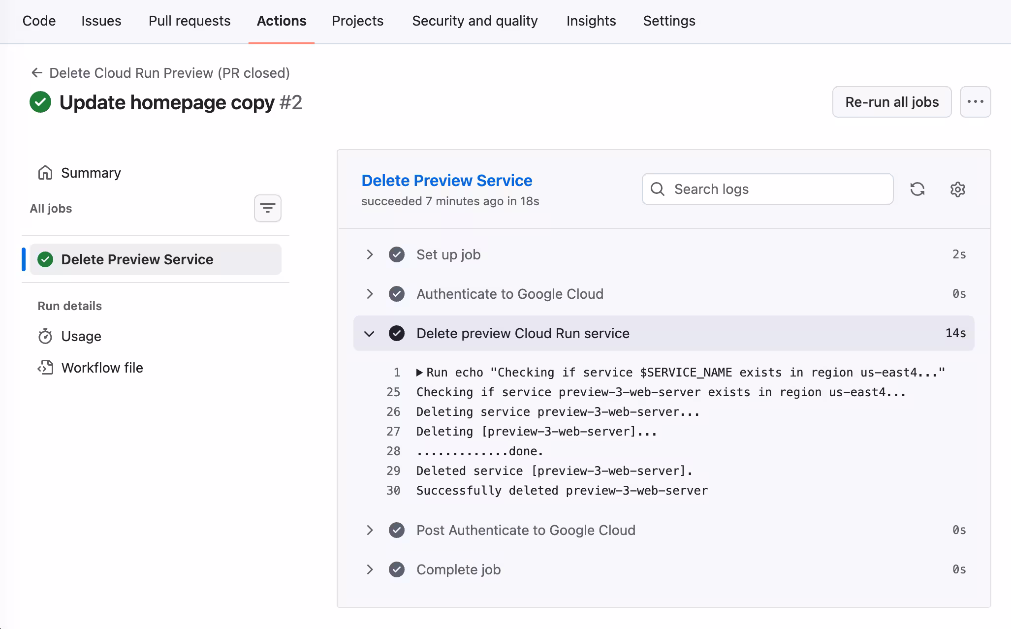 A screenshot of a GitHub Action run that has successfully cleaned up a Cloud Run service after a pull request was closed.