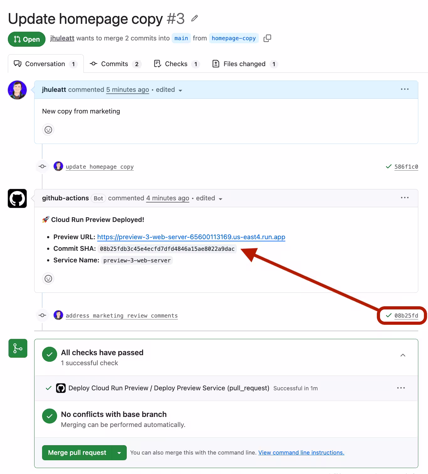 A screenshot of a GitHub pull request showing a comment from GitHub Actions with a preview URL and a commit sha in the comment that matches the latest commit on the pull request
