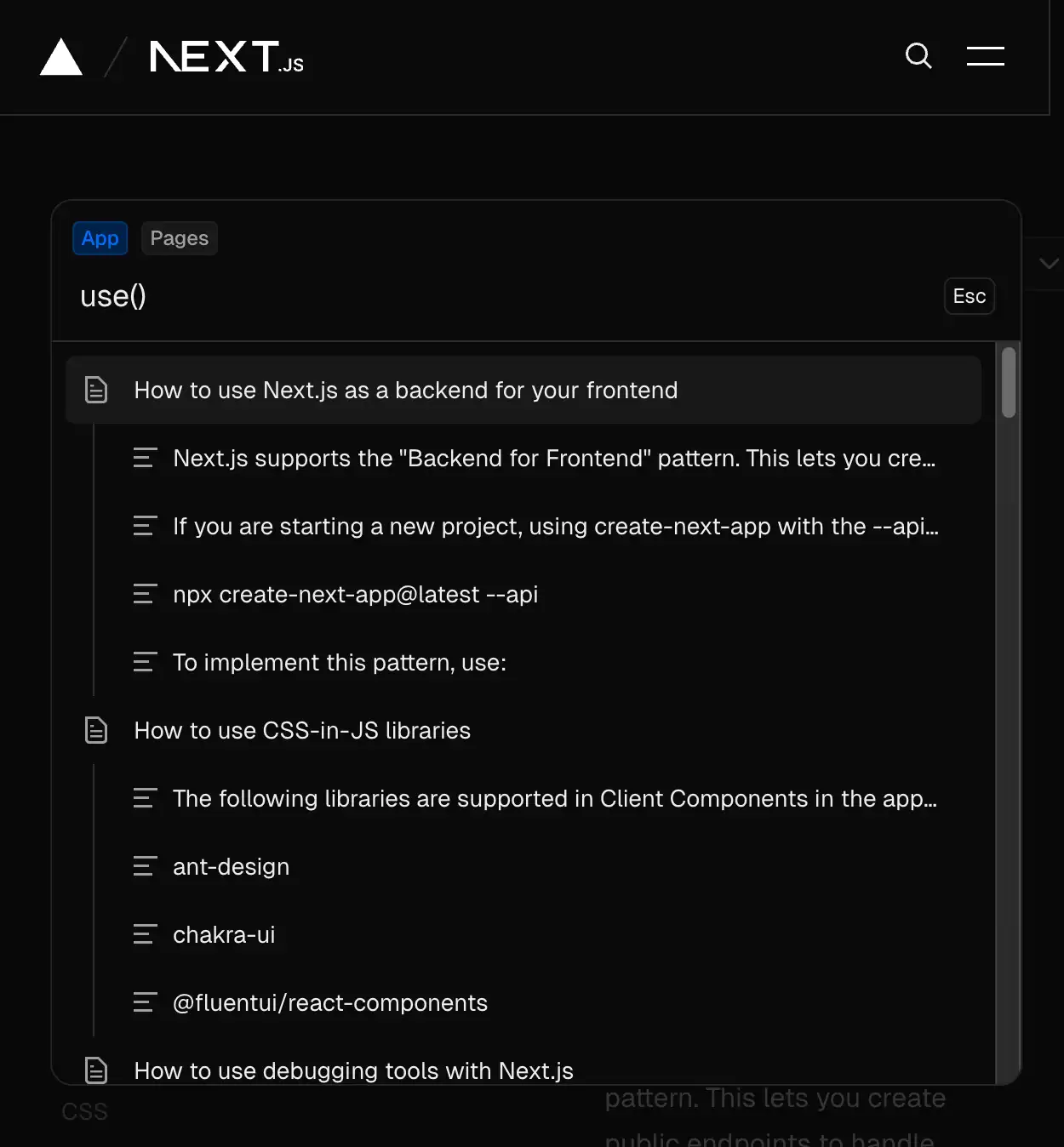 The Next.js docs search panel, with 'use()' entered, showing only unrelated results