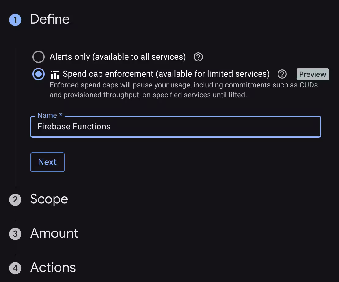 The choice between “Budget Alerts” and “Spend cap enforcement”