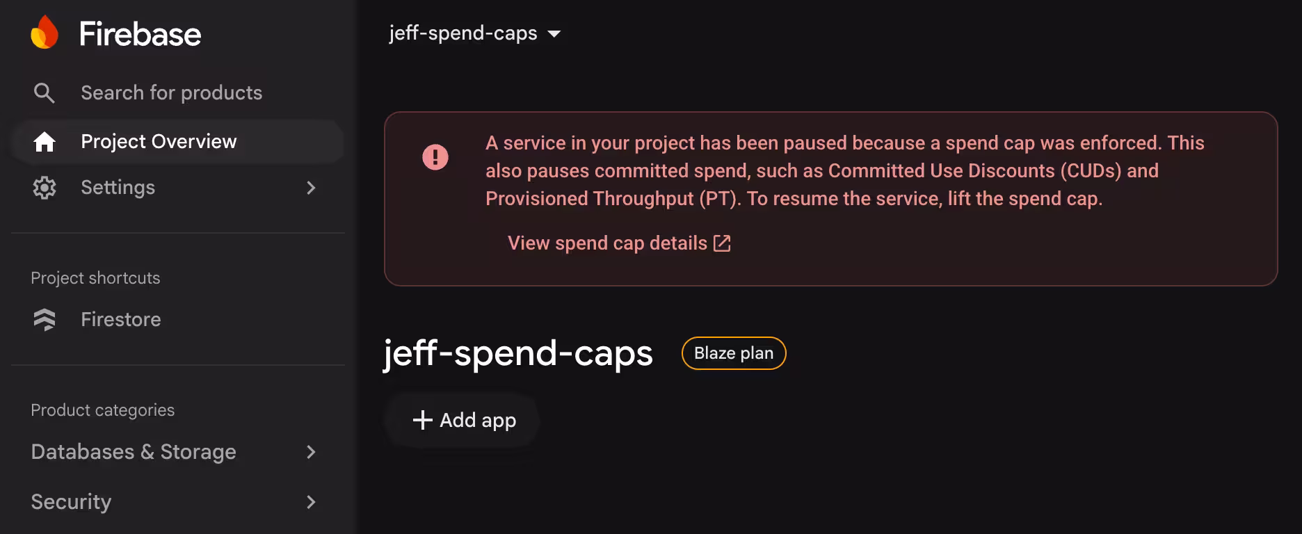A screenshot of the Firebase console showing a warning that a spend cap has been enforced