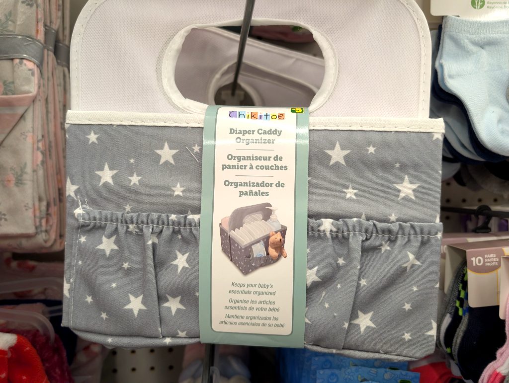 Grey and white star-patterned Chikit toe diaper caddy organizer from Dollarama, $5, for baby essentials.