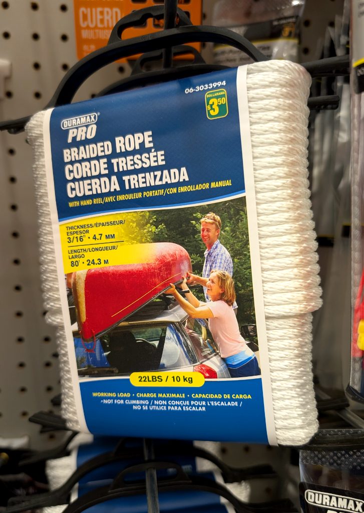 White DURAMAX PRO braided utility rope with hand reel from Dollarama, priced at $3.50, for securing items.