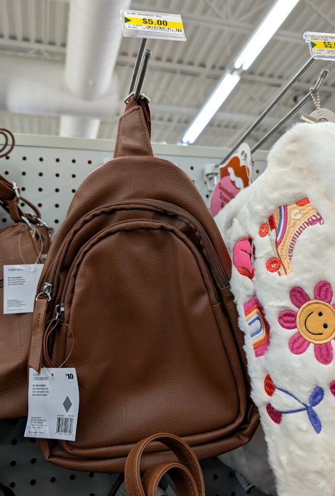 Brown faux-leather sling crossbody bag from Dollarama, ideal for daily essentials at $5.00.