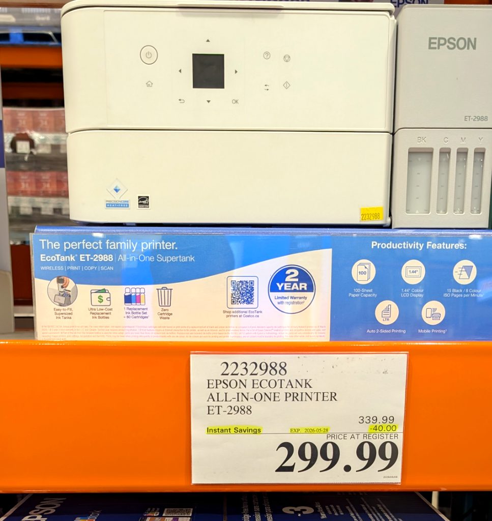 Epson EcoTank ET-2988 white all-in-one wireless printer for home and office, $299.99 at Costco.