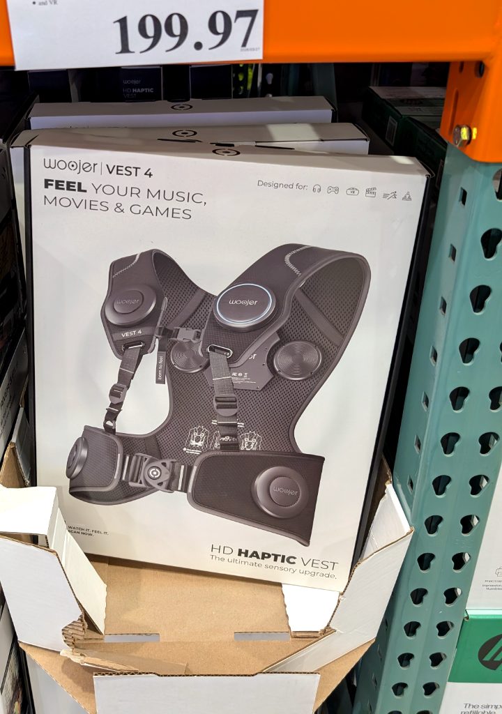 Woojer Haptic Vest 4 for immersive gaming, music, and movies, priced at $199.97 from Costco.