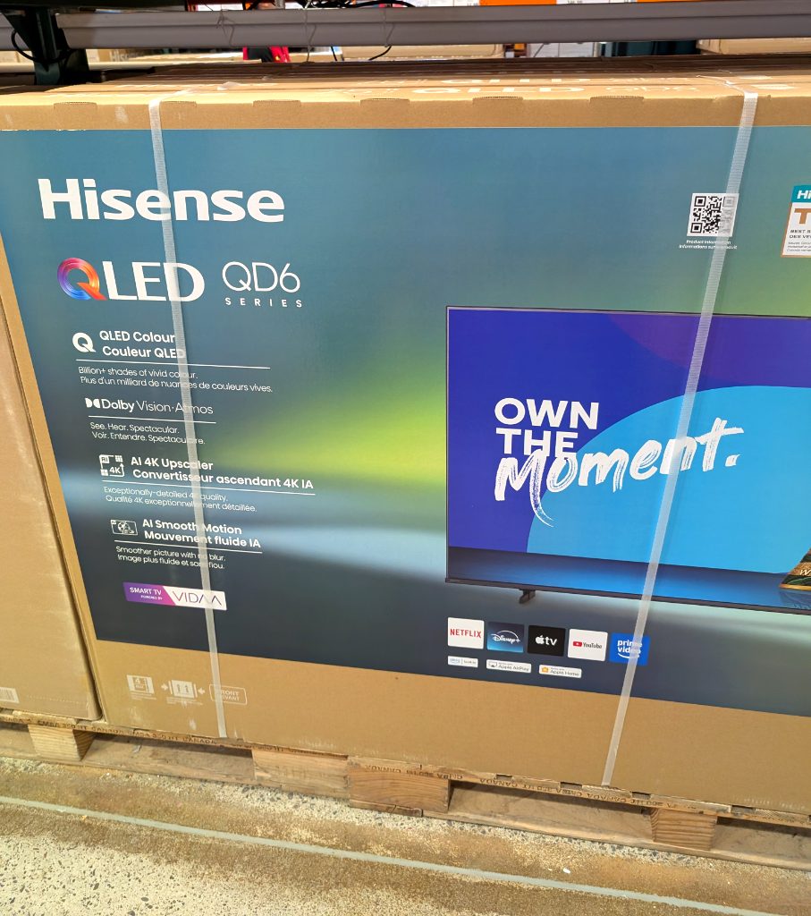 Hisense 75-inch 4K UHD QLED Smart TV with Dolby Vision Atmos and AI upscaler, available at Costco for $746.99.