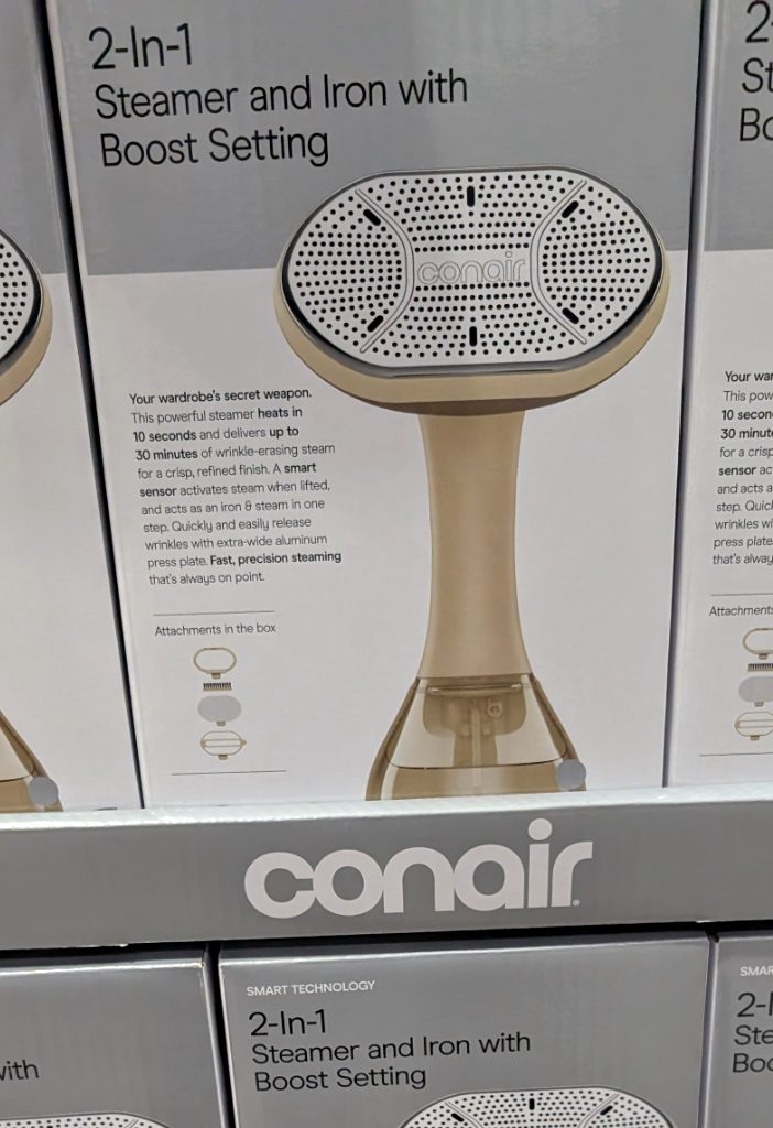 Conair 2-in-1 portable garment steamer and iron, beige, with boost setting for quick wrinkle removal, available at Costco.