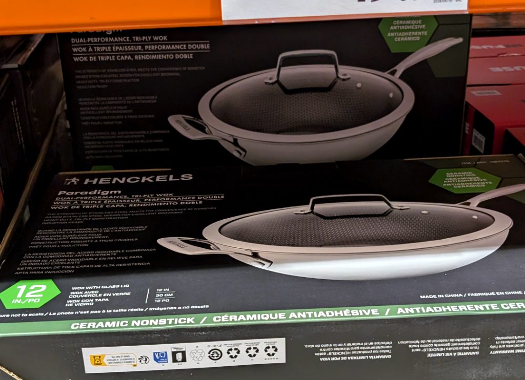 Henckels Paradigm 12-inch stainless steel wok with ceramic non-stick and glass lid, perfect for stir-frying, from Costco for $49.97.