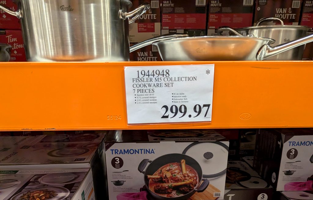 Fissler M5 Collection 7-piece stainless steel cookware set from Costco, $299.97, induction ready for modern kitchens.
