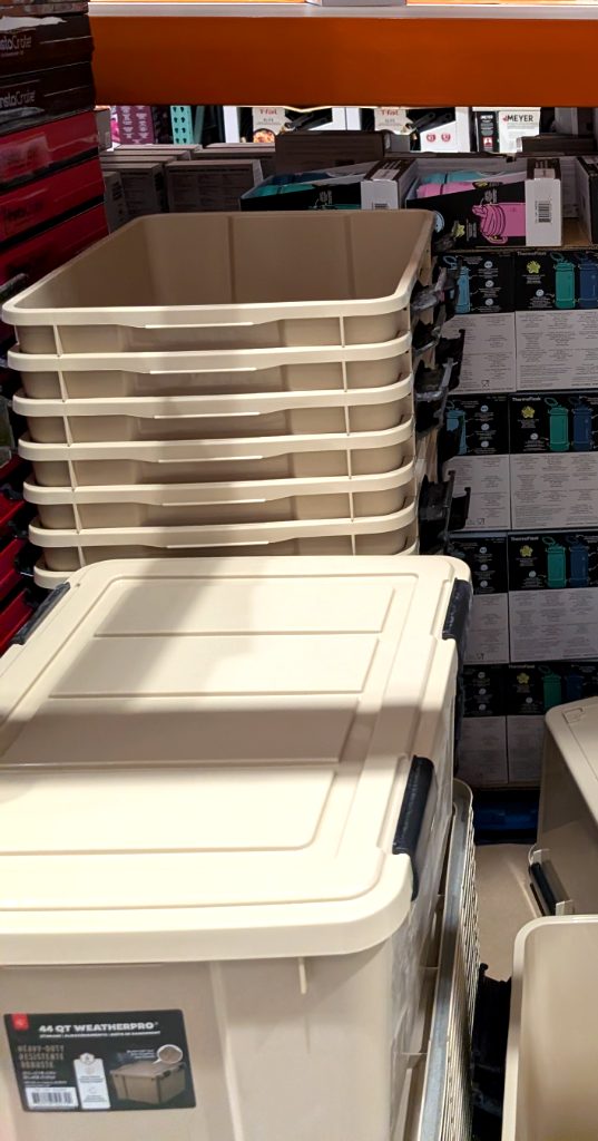 Beige WeatherPro 44QT plastic storage bin from Costco, ideal for home organization, priced at $9.97.