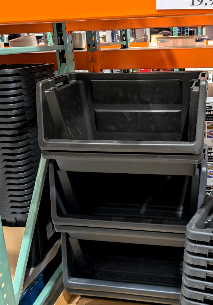 Two gray heavy-duty Starplast stacking bins for versatile home or workshop organization from Costco, priced at $19.97.