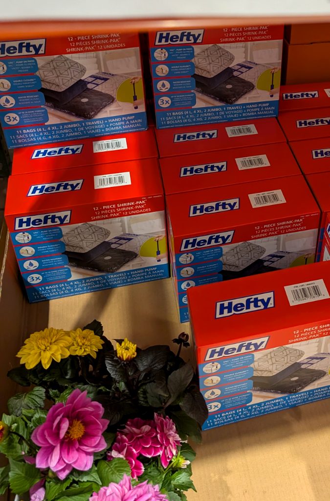 Hefty 12-Piece Shrink-Pak storage bags with hand pump for clothes and linens from Costco, $9.97.