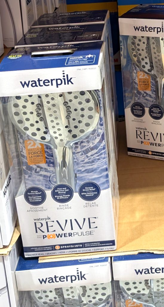 Waterpik Revive showerhead with chrome finish and 5 spray settings from Costco, priced at $29.97, offering a revitalizing shower.