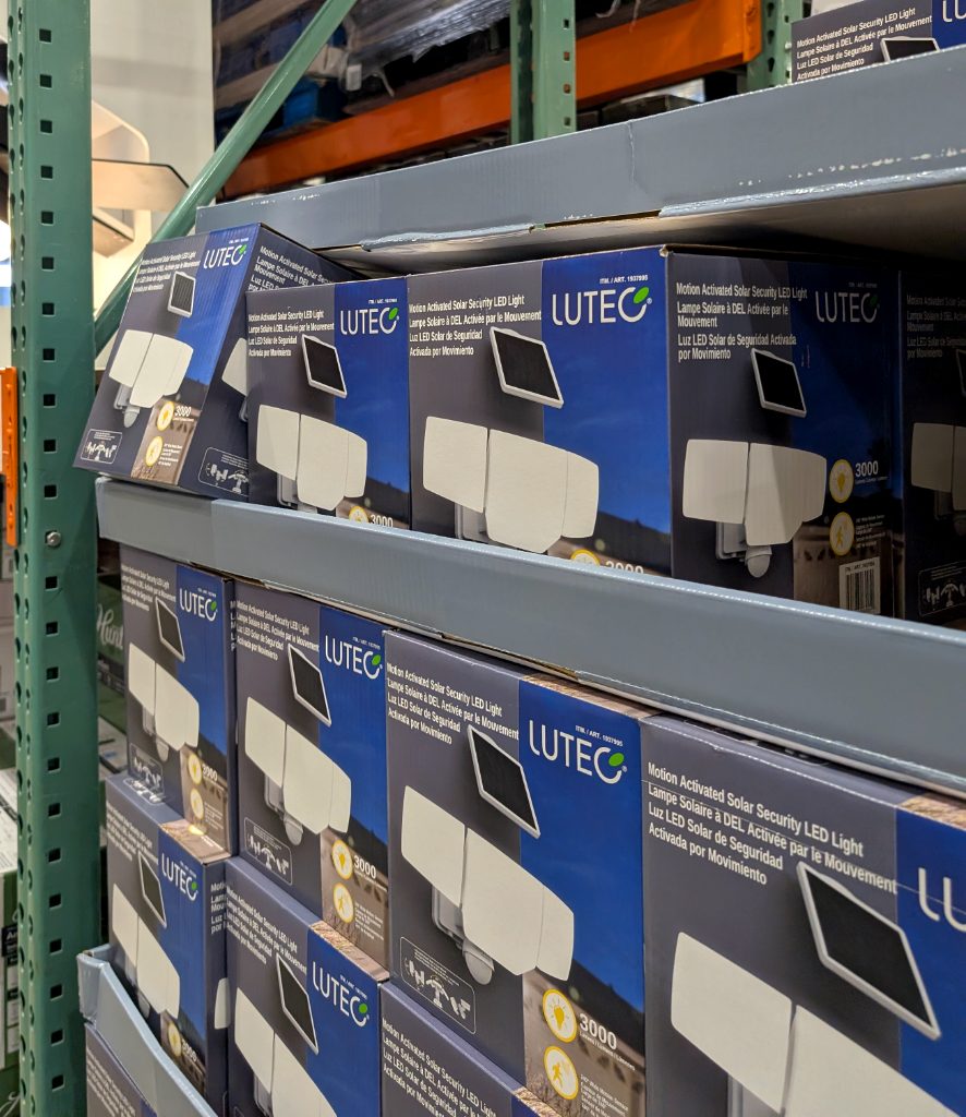 Lutec motion-activated solar security LED light from Costco, ideal for outdoor home security and energy savings.