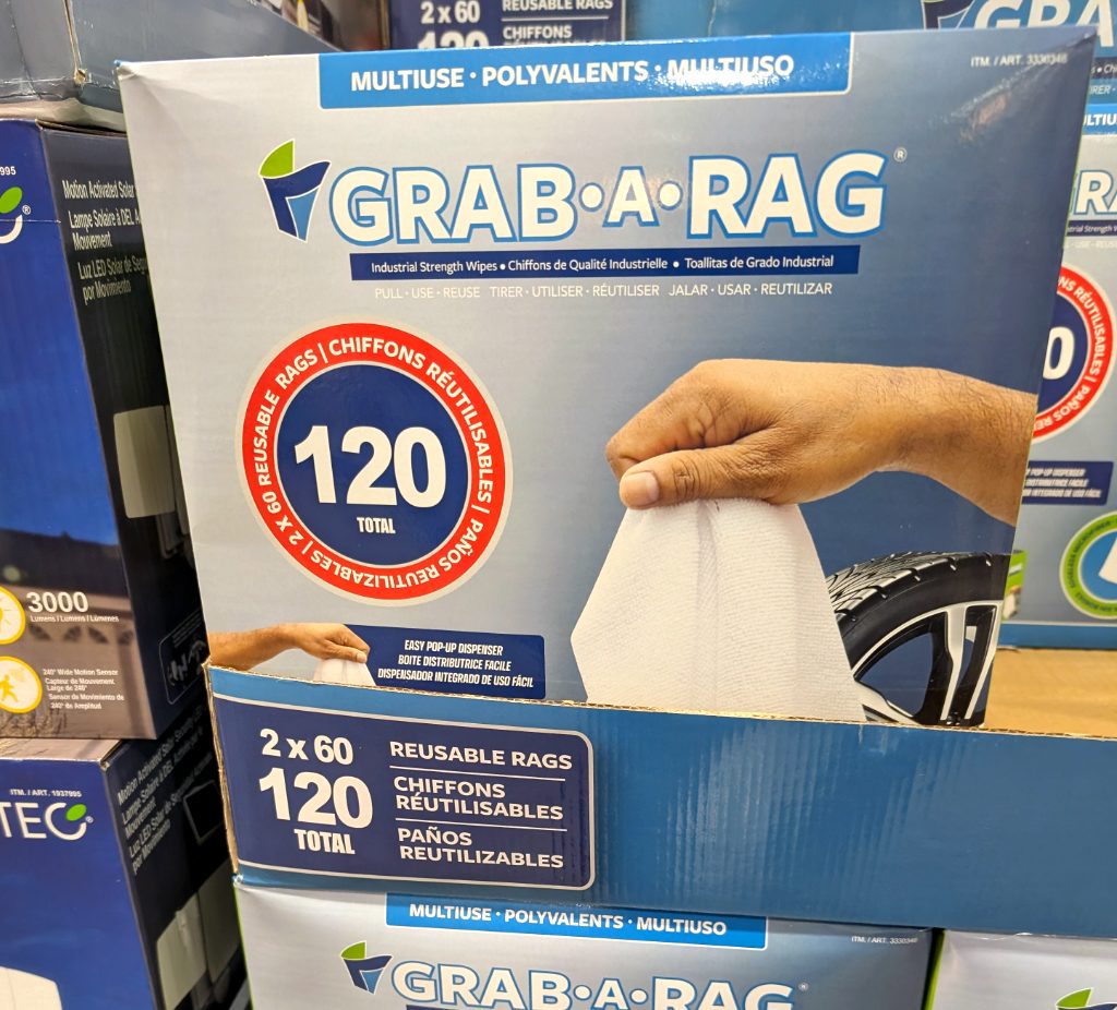 Grab-A-Rag industrial strength reusable wipes, 120 total, for heavy-duty cleaning and household use, available at Costco.
