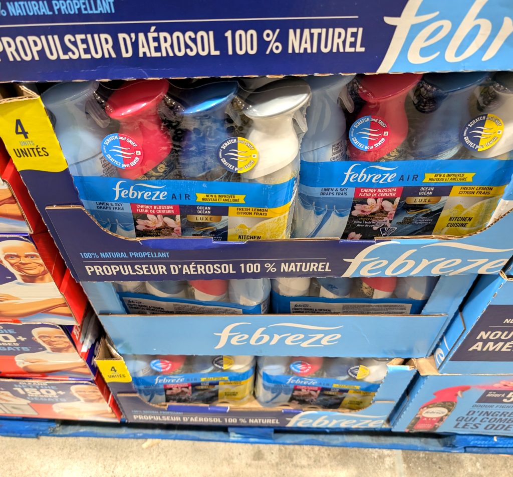 Febreze Air 4-pack spray air fresheners in assorted scents including Cherry Blossom, Ocean, and Fresh Lemon from Costco.
