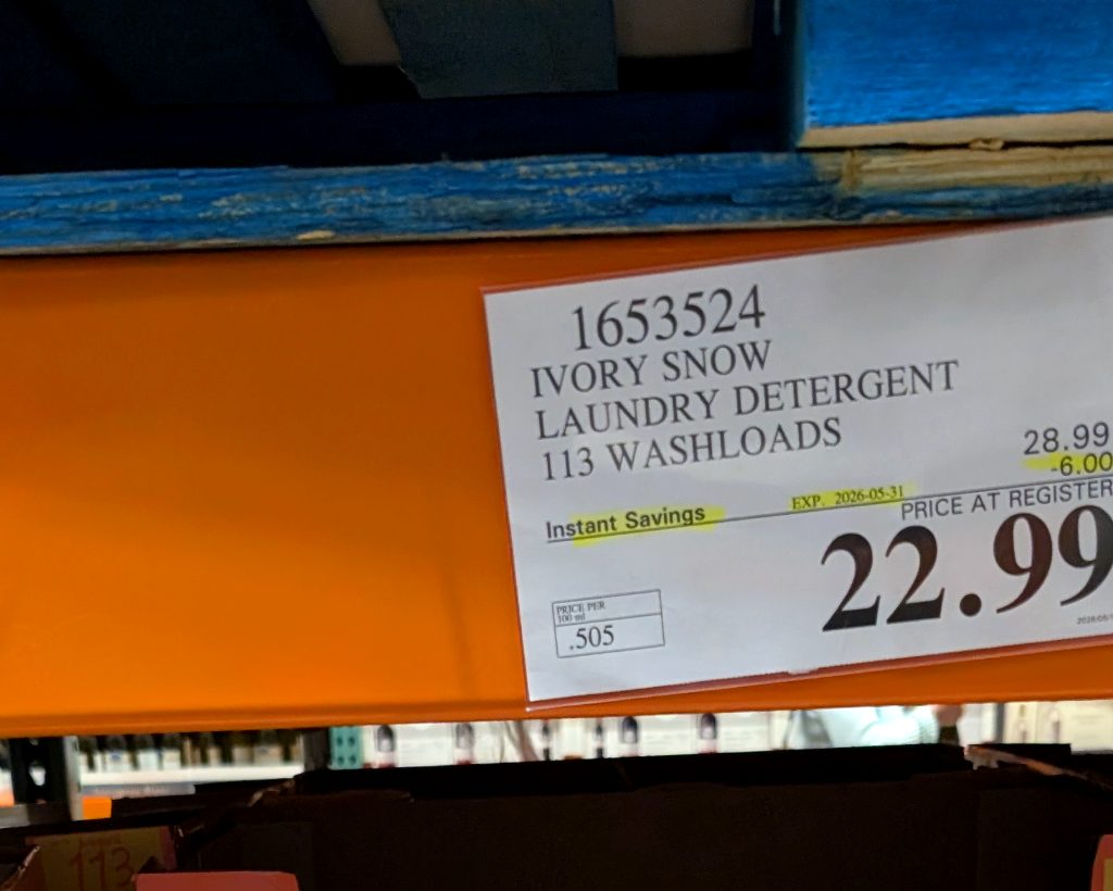 Ivory Snow Ultra Concentrated Laundry Detergent, 113 washloads, for sensitive skin, white bottle with baby, from Costco, $22.99.