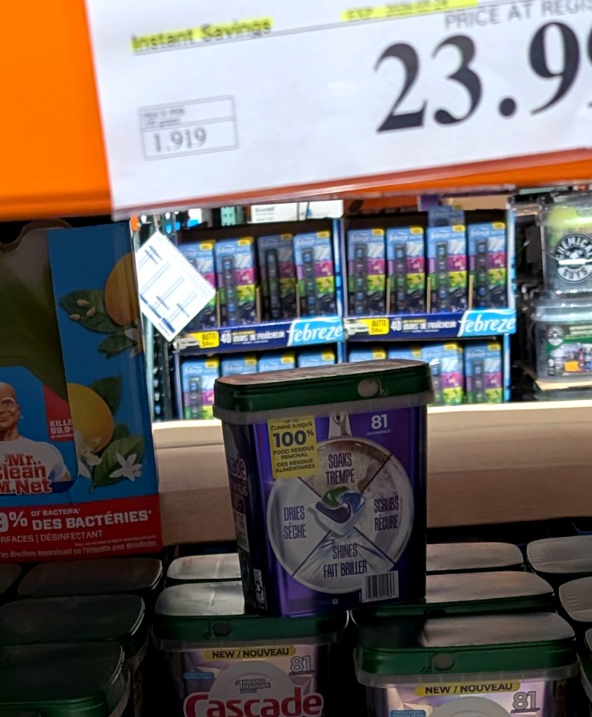 Cascade Platinum Plus dishwasher detergent, 81 actionpacs, for sparkling clean dishes from Costco, $23.99.