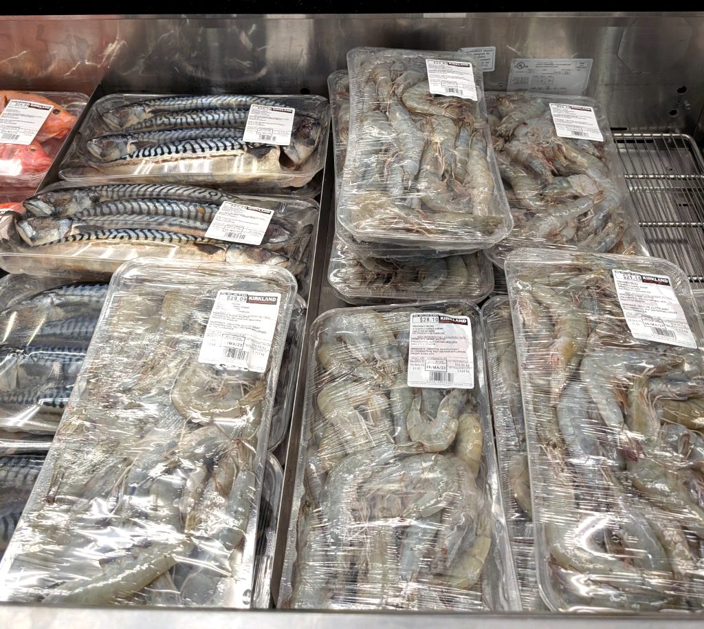 Kirkland 9/14 whole shrimp from Costco, $24.15 per package after $5 discount. Ideal for cooking.