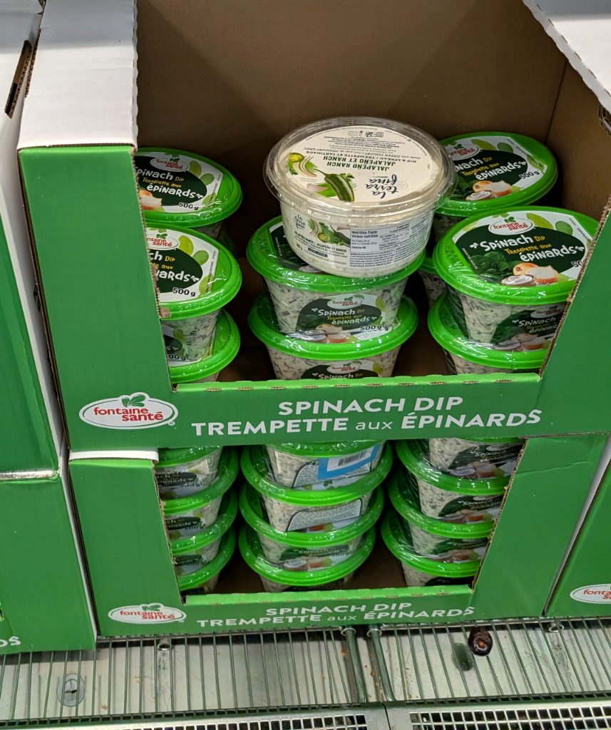 Fontaine Sante spinach dip, 2x500g, from Costco for $6.99, creamy and ready-to-eat for snacking or parties.