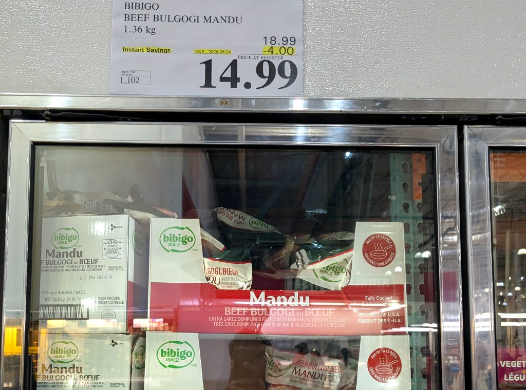 Bibigo Beef Bulgogi Mandu, 1.36kg frozen Korean beef dumplings, ideal for quick meals or party appetizers from Costco for $14.99.