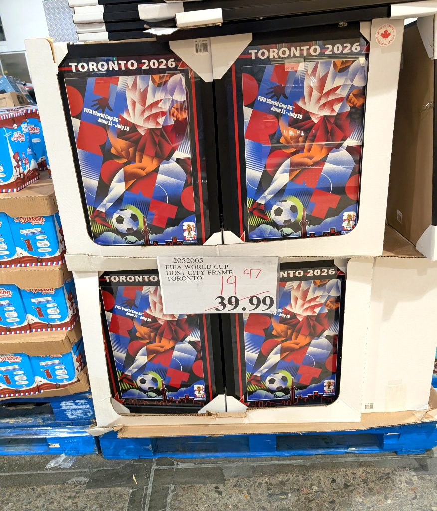 FIFA World Cup 2026 Toronto host city framed poster, featuring abstract art, available at Costco for sports enthusiasts.