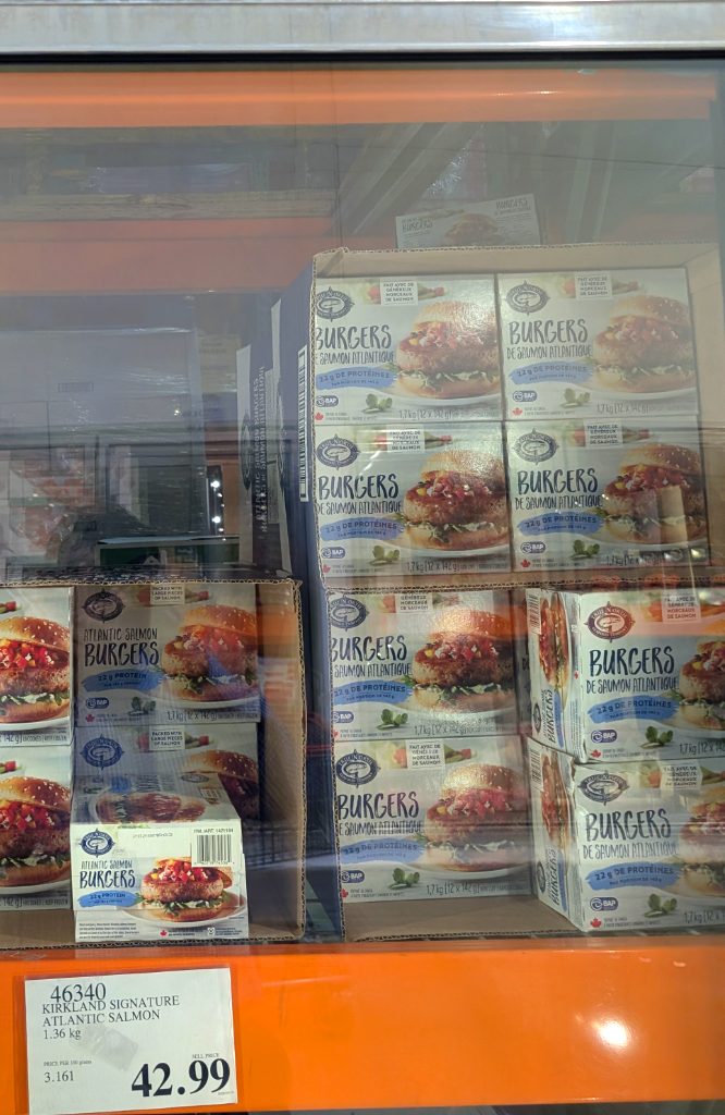 True North Atlantic Salmon Burgers 1.7kg box from Costco, priced at $15.99 with instant savings.