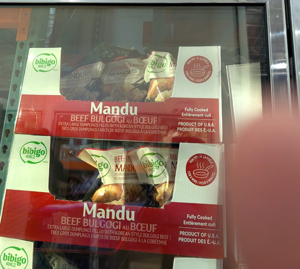 Bibigo Beef Bulgogi Mandu, 1.36kg, fully cooked extra large Korean beef dumplings from Costco for $14.99.