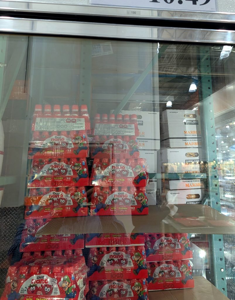 IÖGO Nano drinkable yogurt 24-pack in red packaging, 93mL bottles, from Costco, $10.49.