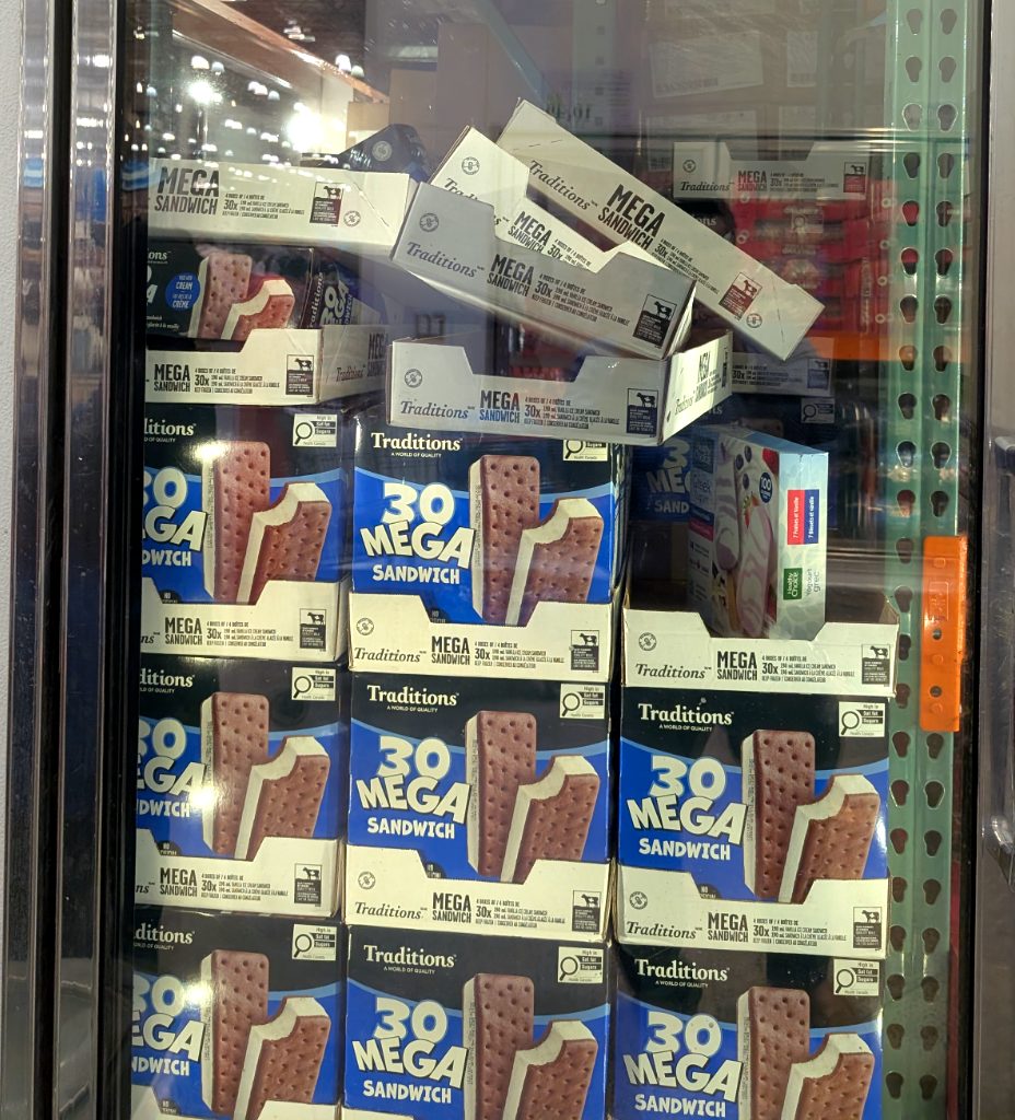 Traditions Vanilla Mega Sandwich (30 count) from Costco, $15.99. Large frozen vanilla ice cream sandwiches.