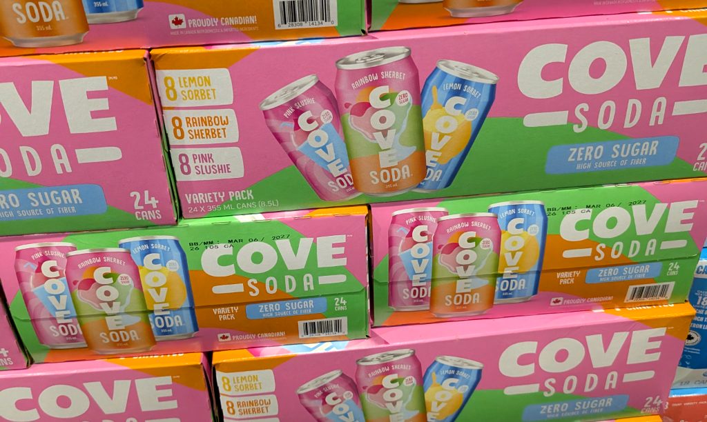 Cove Soda zero-sugar high-fiber 24-can variety pack, featuring Pink Slushie, Rainbow Sherbet, and Lemon Sorbet flavors.