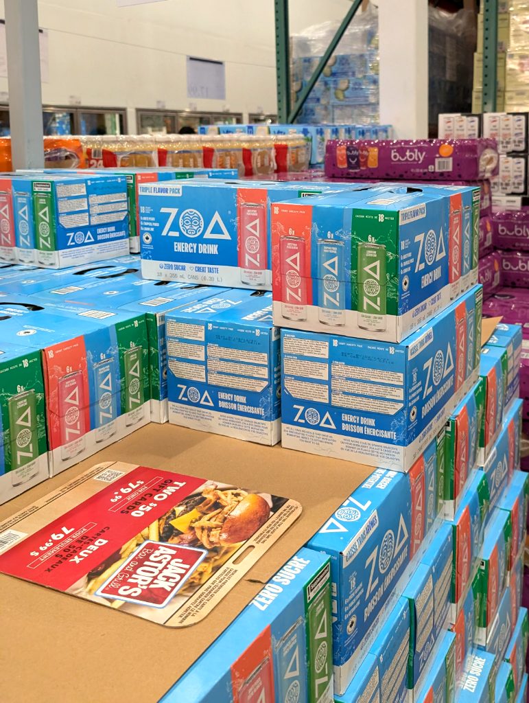 ZOA Energy Drink triple flavor 18-pack (355ml cans) from Costco, ideal for a quick energy boost, priced at $19.99.