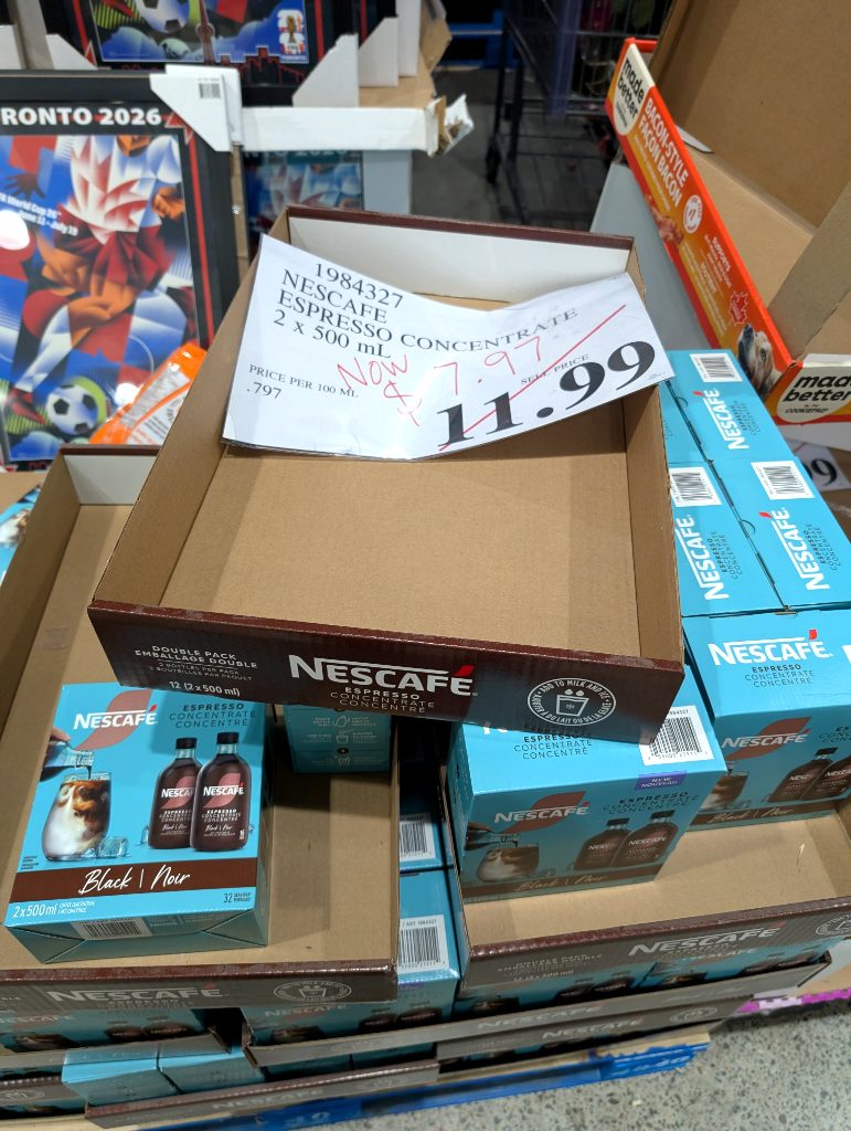 Nescafe Black Espresso Concentrate 2x500ml double pack from Costco, currently $7.97, for delicious coffee drinks.